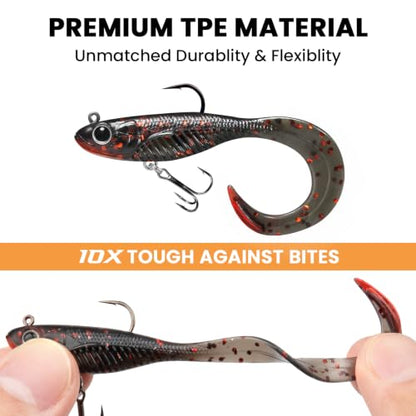 TRUSCEND Duramax Easy Catch Soft Fishing Lures with BKK Hook, Trembly Sinking & Vibrating Swim for More Bites, Pre-Rigged Curly & T-Tail Swimbait for Bass, Trout, Crappie, Freshwater Saltwater Fishing - color: A-2.5"-1/8oz