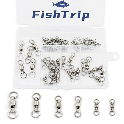 FishTrip 25/50pcs Ball Bearing Swivels with Split Rings for Saltwater | High Strength, Stainless Steel, Ball Bearing Smooth Rotation, Fishing Swivels & Snap Speed Clips Change Connector 0#-8# - size: Assorted_50pcs