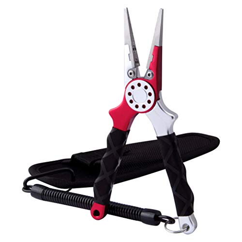 Professional Saltwater/Fresh Water Aluminum Fishing Pliers Tungsten Carbide Cutters Hook Remover with Sheath and Lanyard - color: Red.t