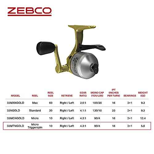 Zebco 33 Gold Spincast Fishing Reel, Changeable Right or Left-Hand Retrieve, All-Metal Gears, Pre-Spooled with Zebco Cajun Fishing Line - size: 10 (Clam Packaging), style: 33 Gold Micro Triggerspin (Clam Pack)