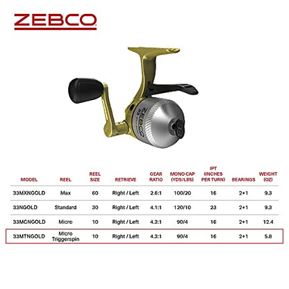 Zebco 33 Gold Spincast Fishing Reel, Changeable Right or Left-Hand Retrieve, All-Metal Gears, Pre-Spooled with Zebco Cajun Fishing Line - size: 10 (Clam Packaging), style: 33 Gold Micro Triggerspin (Clam Pack)