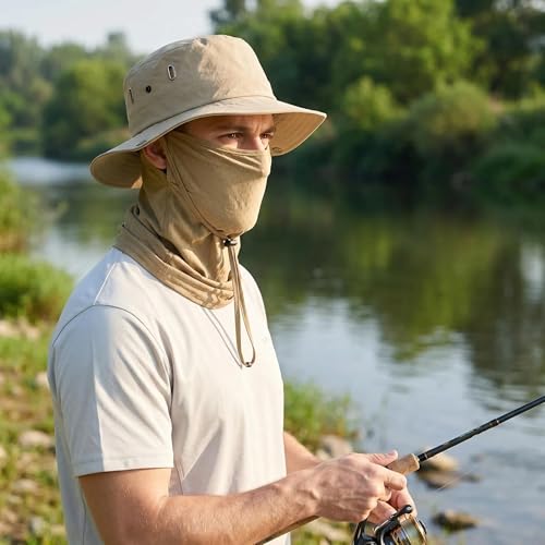 Fishing Hat with Summer Breathable Neck Gaiter, Wide Brim Sun Hat for Men & Women, Outdoor UV Sun Protection Hat & Face Mask - color: Khaki