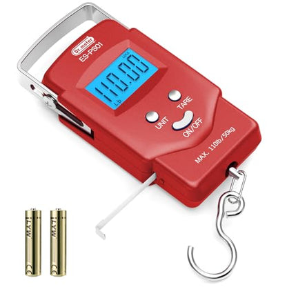Dr.meter Fish Scale Luggage Scale Fishing Gear - 110lb Backlit LCD Display Digital Scale with Built-in Measuring Tape - Fishing Scale with 2 AAA Batteries, Pocket Size - Fishing Gifts for Men - color: Red
