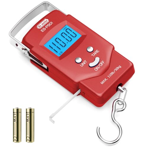 Dr.meter Fish Scale Luggage Scale Fishing Gear - 110lb Backlit LCD Display Digital Scale with Built-in Measuring Tape - Fishing Scale with 2 AAA Batteries, Pocket Size - Fishing Gifts for Men - color: Red