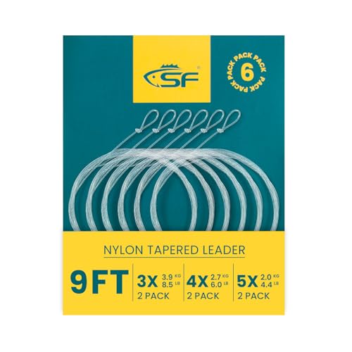SF Pre-Tied Loop Fly Fishing Tapered Leader Nylon Clear Trout Freshwater Saltwater Bonefish Permit Bass Salmon Steelhead 7.5FT 9FT 10FT 12FT 15FT 0X 1X 2X 3X 4X 5X 6X 7X - size: 9FT-3X(2)4X(2)5X(2), style: Freshwater Knotted 6-pack