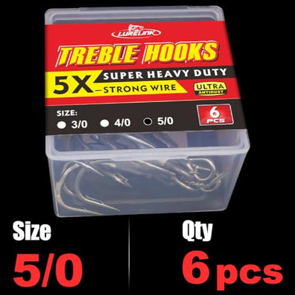 Fishing-Treble-Hooks-5X-Extra-Strong-Heavy-Duty Ultra Anti-Rust Bulk Hooks for Saltwater and Freshwater Fishing Sizes 5/0 to #8 - size: 5/0 6-Pack