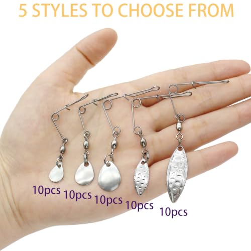 50PCS Fishing Spinner Blades Rigs Fishing Spinnerbait Smooth Spoons Kit | Replacement Accessories for Colorado Blade Making Spinner Shaft Bass Fishing Lures - color: 50Pcs Mixed Silver