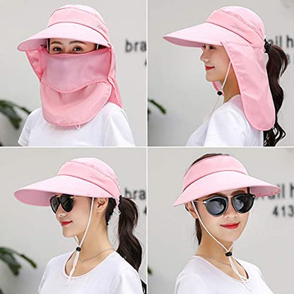 Women Wide Brim Face Mask Sun Hat Detachable Neck Face Flap Ponytail UV Protection Visor Hat Garden Fishing Hiking - color: A3-shun005-fense