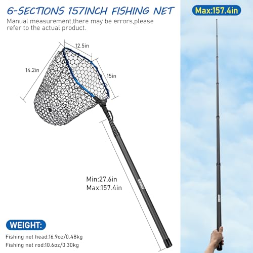 THKFISH Carbon Fiber Fishing Landing Net- 27 to 157.5 Inch Long Handle, Portable Collapsible Fishing Net for Salmon, Steelhead, Fly, Catfish, Bass, Trout Fishing, Trout Net, Dip Net Gifts for Men - size: 157.5” Telescopic Handle