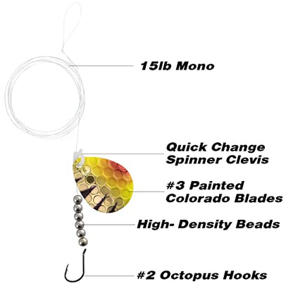 Dr. Fish 10 Pack Walleye Rigs Kit, 47 Inches, 15LB Mono Crawler Harness Walleye Float Rig Colorado Spinner Octopus Hooks for Freshwater Trolling - color: Single Hook Rig, 47", 10 Rigs