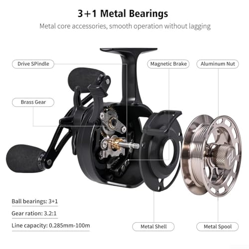 3.2:1 Ice Fishing Reel with Magnetic Drop Ice Fishing Reel 3.2:1 Gear Ratio for Winter Ice Fishing, Gear Ratio Inline Reel, 3+1 Ball Bearings Two-Way Spool Lever - color: black, size: left hand