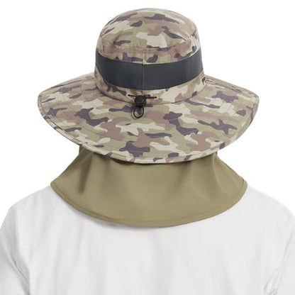BASSDASH UPF 50+ Breathable Sun Hat with Removable Face Cover and Neck Flap Wide Brim Bucket Hat for Fishing Hiking Men Women - color: Earth Camo/Khaki