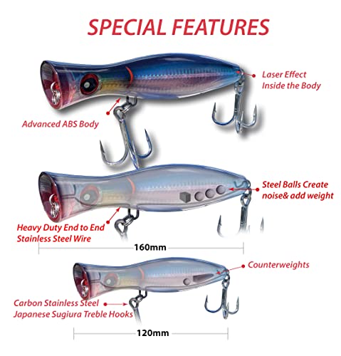 Saltwater Popper Lure Topwater Popper Lure Saltwater, Fishing Accessories for Saltwater Surface Casting and Freshwater Surface Fishing, Large Predator Fish - color: Rainbow