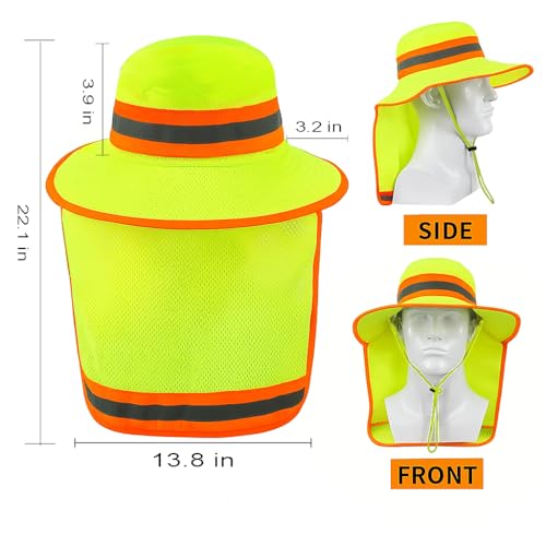 Men High Visibility Reflective Work Safety Sun Hat with Neck Flap Wide Brim Boonie UV Protection - color: 2pcs Neon Lime