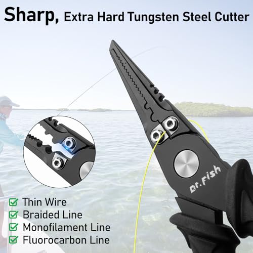 Dr.Fish Fishing Split Ring Pliers Fish Lip Gripper Hook Remover Black | Freshwater & Saltwater Fishing Tools: 420 Stainless Steel Lip Gripper Hook Remover with PVC Handle, Lanyards and Sheath - color: Black-6"