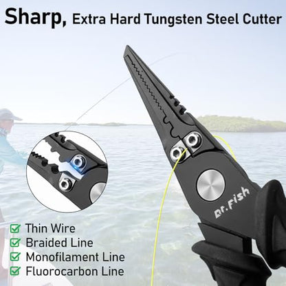 Dr.Fish Fishing Split Ring Pliers Fish Lip Gripper Hook Remover Grey | Freshwater & Saltwater Fishing Tools: 420 Stainless Steel Lip Gripper Hook Remover with PVC Handle, Lanyards and Sheath - color: Grey-6"