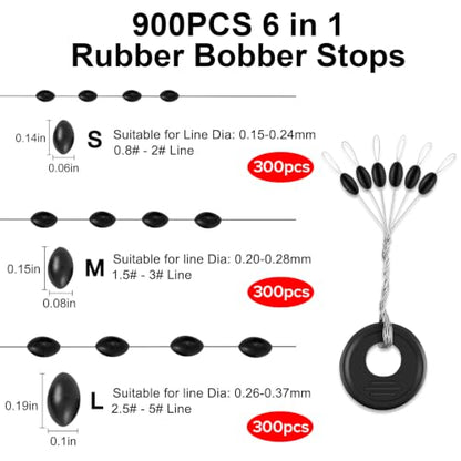 DONQL 900pcs Bobber Stoppers for Fishing Line, 6 in 1 Oval Floats Sinker Stops L M S Size, Fishing Rubber Bobber Beads Stopper Float Stop Kit for Saltwater Freshwater