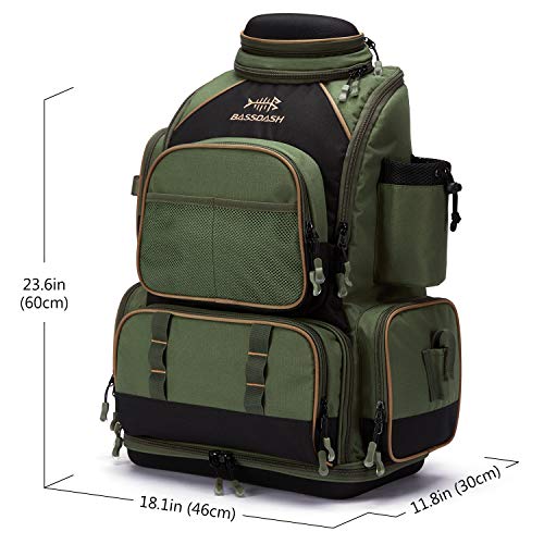 BASSDASH Fishing Tackle Backpack Water Resistant Tactical Bag Soft Tackle Box with Rod Holder and Protective Rain Cover - color: Green Backpack [3670] without Trays