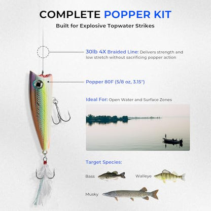 KastKing Superpower Braided Fishing Line and Lure Kit, 4X Braid Line with Hard & Soft Baits, Topwater, Jigs, Rigs&Jerkbaits, Complete Freshwater Fishing Gear Set for Bass,Trout & Walleye,Gift for Men - size: Line: 30 LB-200 Yds + Lure: Popper 1pc