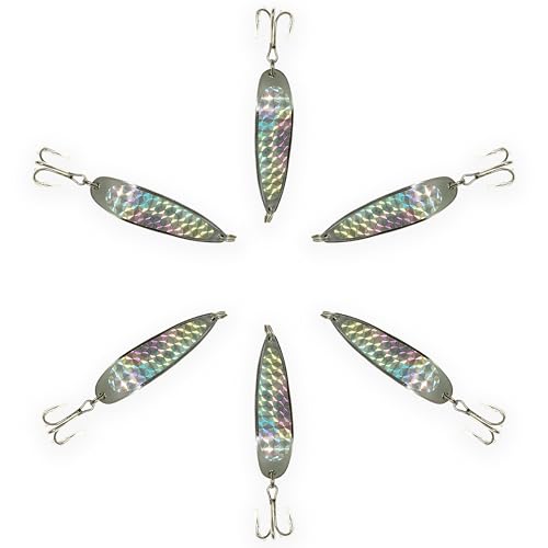 Crocodile Spoon Fishing Lures 2oz, 6 Pcs Silver Finish with 3X Strong Mustad Treble Hooks for Saltwater & Freshwater Fishing, Includes Durable Hook Set, Ideal for Tuna, & More
