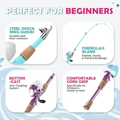 Kids Fishing Pole, Portable Telescopic Kids Fishing Poles for Boys Girls Youth, Fishing Rod and Reel Combo - color: Mint Blue+Metallic Pink