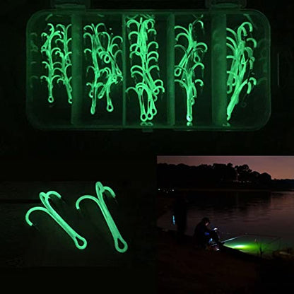 40Pcs Luminous Treble Hooks Treble Fish Triple Assorted Case w/Storage Organizer Box Glow in Dark Night Fishing Gear Saltwater