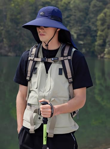 HUAMULAN Men Summer Sun Hat Women Safari Wide Brim Fishing Hats UV Protection Neck Flap Bucket Gardening Hiking Hunting Cap - color: Navy With Black Mesh