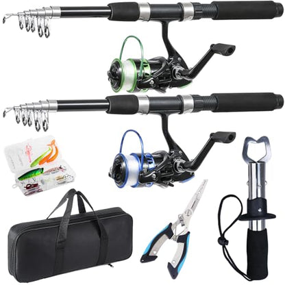Tripquips Fishing Rod, 2PCS Telescopic Fishing Rod and Reel Combo with Fishing Pliers and Lip Gripper, Pre-Loaded Spinning Reel Combo, Fishing Pole with Carrier Bag Fishing Gear