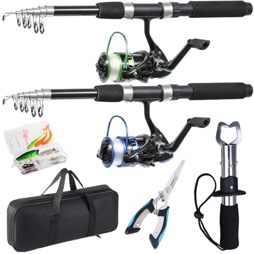 Tripquips Fishing Rod, 2PCS Telescopic Fishing Rod and Reel Combo with Fishing Pliers and Lip Gripper, Pre-Loaded Spinning Reel Combo, Fishing Pole with Carrier Bag Fishing Gear