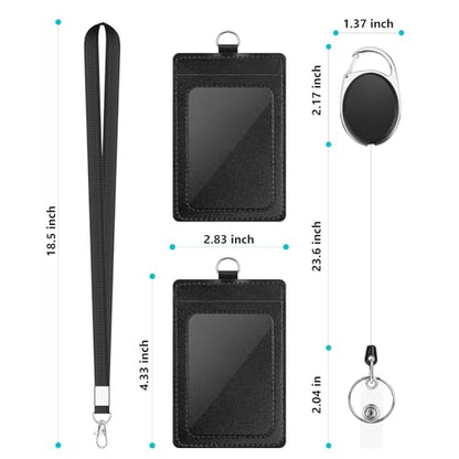 DUPENCD 2 Pack Badge Holders, Vertical PU Leather ID Badge Card Holder with Detachable Neck Lanyard Strap and Retractable Badge Reel ID Card Holders Set, Detachable Keychain, Cruise Ship Cards Holder