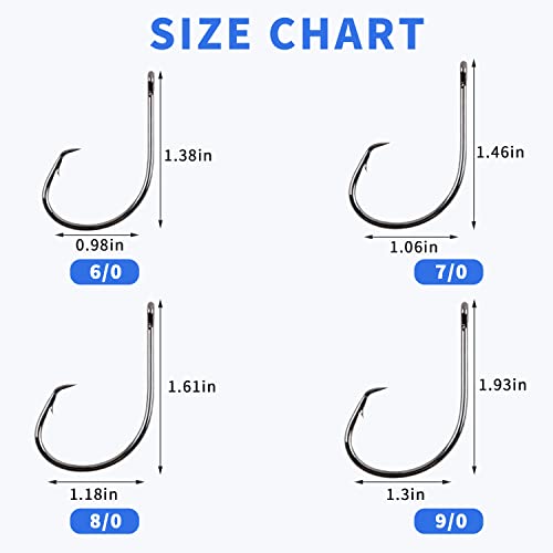 Inline Circle Hooks Saltwater, 80pcs High Carbon Steel Catfish Hooks in-Line Straight Eye Octopus Circle Hook Saltwater Freshwater Fishing Hooks for Catfish Bass - size: 80pcs 6/0