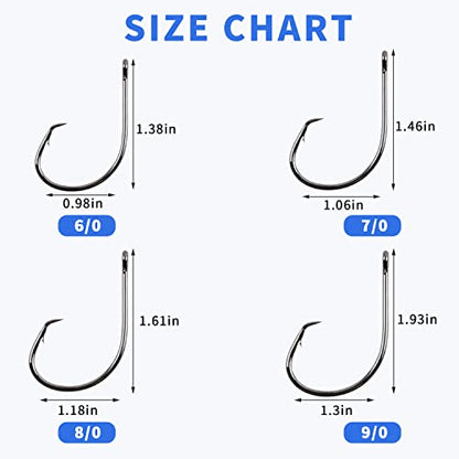 Inline Circle Hooks Saltwater, 80pcs High Carbon Steel Catfish Hooks in-Line Straight Eye Octopus Circle Hook Saltwater Freshwater Fishing Hooks for Catfish Bass - size: 80pcs 6/0