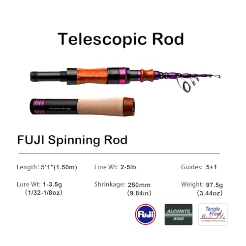 PURELURE Telescopic Fishing Rod Spinning & Casting Travel Rod Ultralight 5' | Fuji Alconite Ring, Detachable Handle Closed Length 9.8in, Spare Carbon Solid Tip, Solid Wood Reel Seat, Cork Handle - style: Fuji Spin - 5'1'' - Ultralight - Moderate Fast