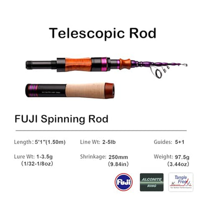 PURELURE Telescopic Fishing Rod Spinning & Casting Travel Rod Ultralight 5' | Fuji Alconite Ring, Detachable Handle Closed Length 9.8in, Spare Carbon Solid Tip, Solid Wood Reel Seat, Cork Handle - style: Fuji Spin - 5'1'' - Ultralight - Moderate Fast