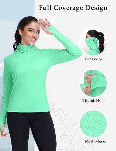 isnowood Women's Sun Protection Hoodie UPF 50+ Hiking Fishing Shirt, Long Sleeve UV Rash Guard with Face Mask Lightweight - color: Mint Green, size: X-Small