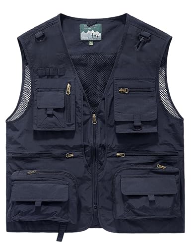 Men's Lightweight Mesh Fishing Vest Utility Outdoor Multi-Pocket Hunting Cargo Vest - color: Navy Blue, size: Large