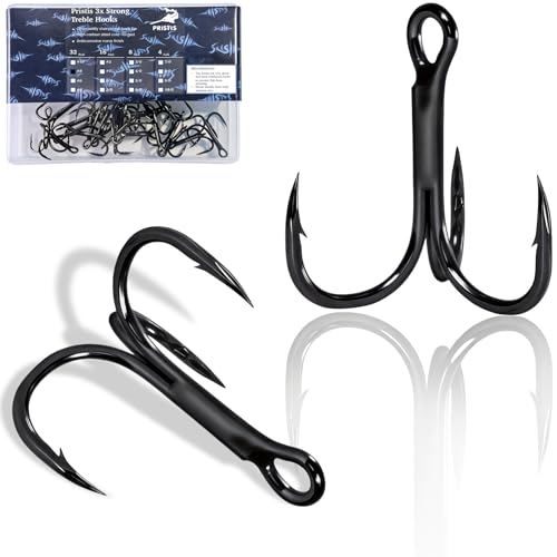 Pristis 3X Strong Fishing Treble Hooks, High Carbon Steel Sharp Barbed Tripple Round Bend Hook Kit Set for Lure Bait, Needle Point for Saltwater Freshwater Bass Trout Tuna Catfish Pike - size: #8 - 32 Pack