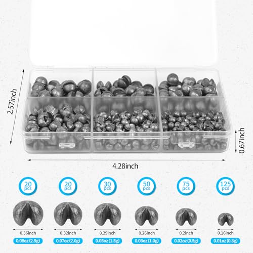 Caleb 200/320Pcs Split Shot Fishing Weights Sinkers, Removable Lead Fishing Weights, Premium Duckbill Reusable Fishing Sinkers for Freshwater Saltwater Bass Trout Fishing Accessories - 5/6 Sizes - size: 320PCS/6 SIZE