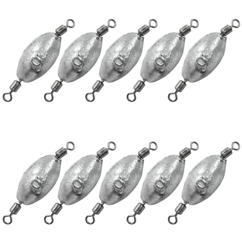 Uenhoy Fishing Weights Inline Trolling Fishing Sinker Tackle with Inner Swivels, Oval Drop Casting Fishing Weight Sinkers - size: 1 oz, 10pcs