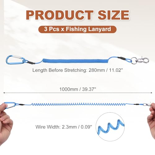 PATIKIL Fishing Lanyard, (39.37" Length, Blue) (3Pcs), Retractable Coiled Tether Anti-Lost Rope Coiled with Carabiners and 360° Rotatable Hook, Suit for - Fishing/Hunting/Hiking/Boating - color: Blue, size: 39.37"