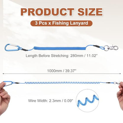 PATIKIL Fishing Lanyard, (39.37" Length, Blue) (3Pcs), Retractable Coiled Tether Anti-Lost Rope Coiled with Carabiners and 360° Rotatable Hook, Suit for - Fishing/Hunting/Hiking/Boating - color: Blue, size: 39.37"