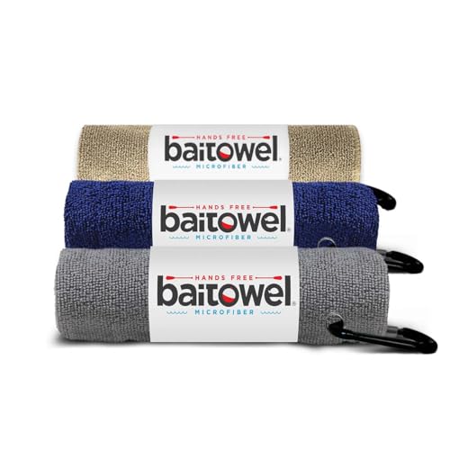Bait Towel 3 Pack Fishing Towels with Clip, Plush Microfiber nap Fabric, 16x16, The Original Bait Towel Value 3 Pack - color: Sand-navy-silver