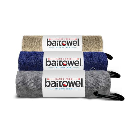 Bait Towel 3 Pack Fishing Towels with Clip, Plush Microfiber nap Fabric, 16x16, The Original Bait Towel Value 3 Pack - color: Sand-navy-silver