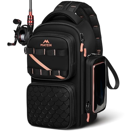 MATEIN Fishing Sling Bag with Phone Pouch, 3600 Tackle Box Backpack | Tackle Bag with Removable Bait Binder, Fishing Bag with Lure Rod Holder, Cooler Compartment, Waterproof, Women Fishing Gifts - color: Black-pink