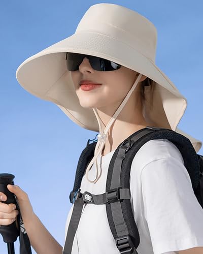 Sun Hats Women UV Protection with Neck Flap Wide-Brim Ponytail Hole Quick-Dry Breathable Hiking Fishing Gardening Hat