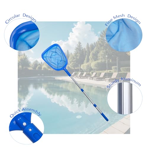 Heavy-Duty Pool Skimmer Net for Above Ground/Inground Pools - Telescopic Aluminum Pole with Fine Debris Mesh, Hot Tub & Spa Cleaning Tool - Compact No-Tangle Design
