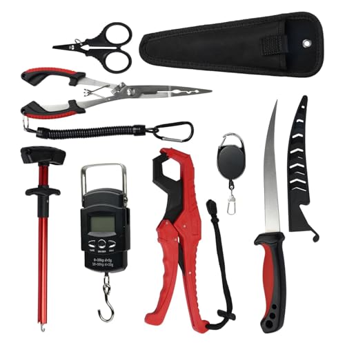 RAWILL Fishing Kit,Filleting Knife,Hook Remover,Fish Grip, Line Cutter,Fishing Scale, Pliers with Lanyards,Not Include Batteries - color: Red 1