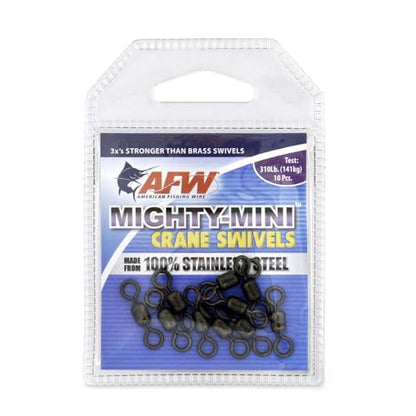 AFW American Fishing Wire Fishing Swivels - Mighty Mini 100% Stainless Steel Crane Swivels, 3X Stronger Than Brass, for Terminal Tackle Box, Up to 600lb Test - Fishing Gear for Fishing Line Leaders - size: 10 Pieces, 310 Pound Test
