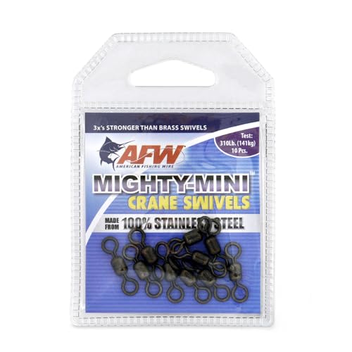 AFW American Fishing Wire Fishing Swivels - Mighty Mini 100% Stainless Steel Crane Swivels, 3X Stronger Than Brass, for Terminal Tackle Box, Up to 600lb Test - Fishing Gear for Fishing Line Leaders - size: 10 Pieces, 310 Pound Test