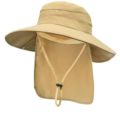 Sun Hats for Men Women, UPF50+ Protection Safari Hat,Wide Brim Fishing Hat with Neck Flap,Bucket Hats for Beach Hiking - color: Khaki